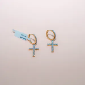 10K Yellow Gold Cross Hoop Earrings With Diamond / 4.6gr