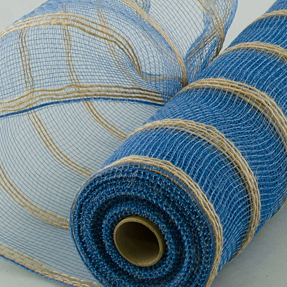 10" Burlap Deco Mesh: Denim Blue & Thin Jute Stripe (10 Yards)