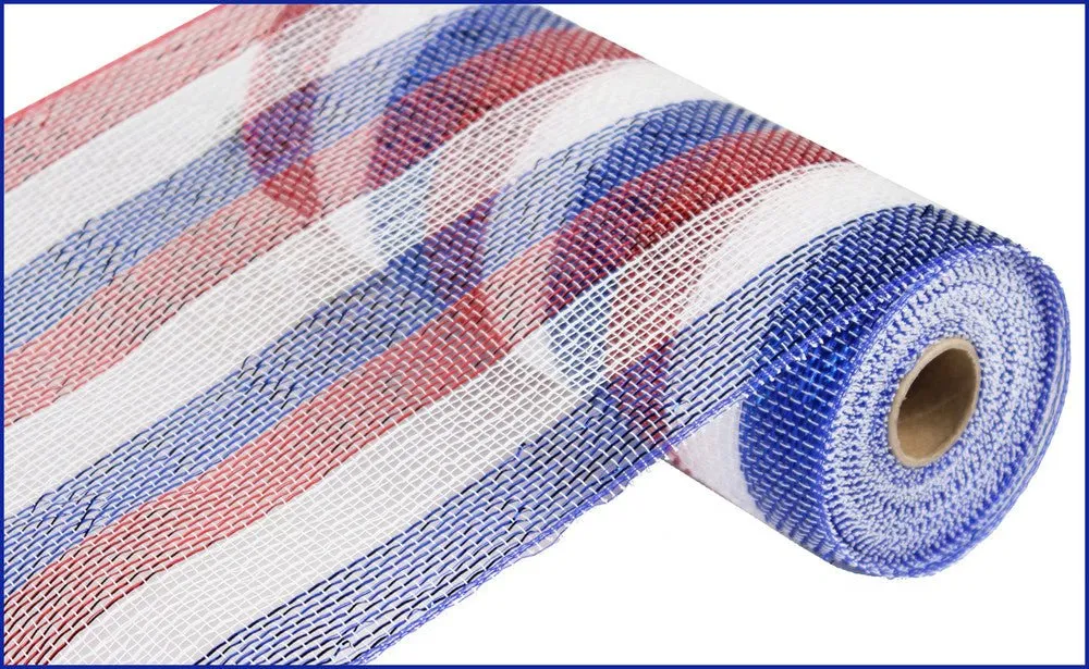 10" Deco Poly Mesh: Metallic Stripe Patriotic Red White Blue