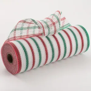 10" Faux Jute Stripe Mesh: White, Red, Emerald