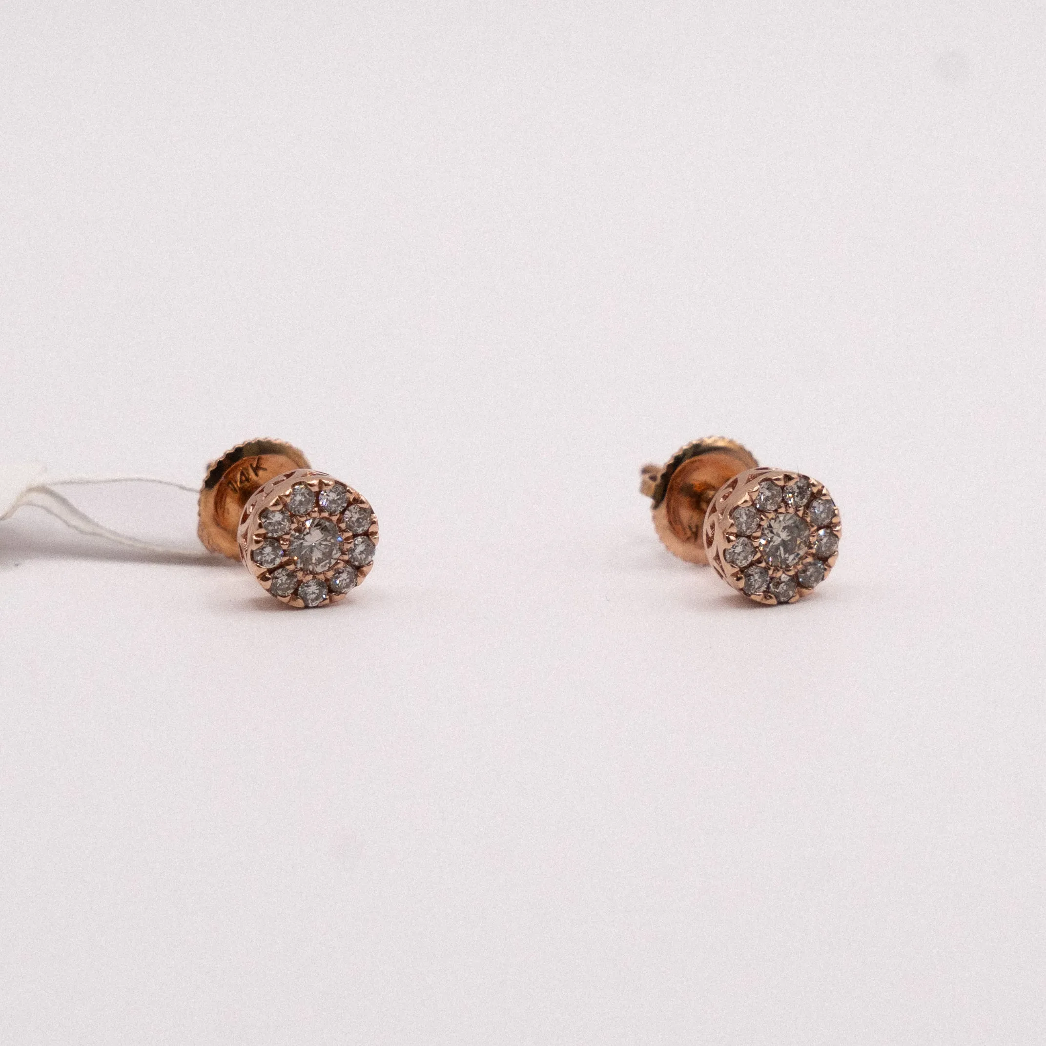 14K Rose Gold Diamond Circle Flower Stud Earrings 0.45Ct / 1.4gr