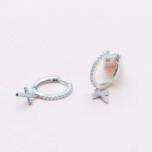 14K White Gold Cross Hoop Earrings With Diamond 0.49Ct / 3.3gr