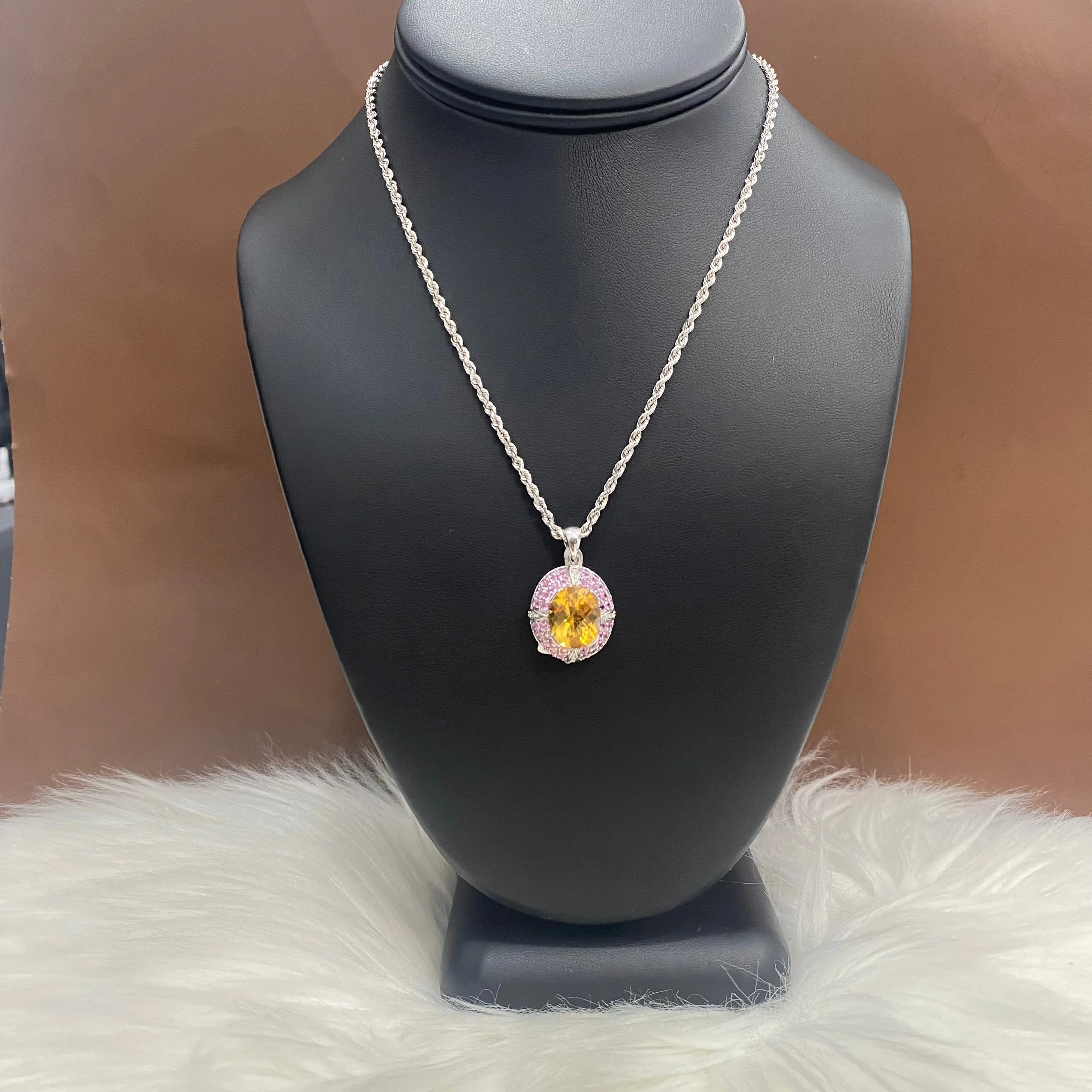14K White Gold Luxury Ambar Pendant Pink Sapphire / 5gr