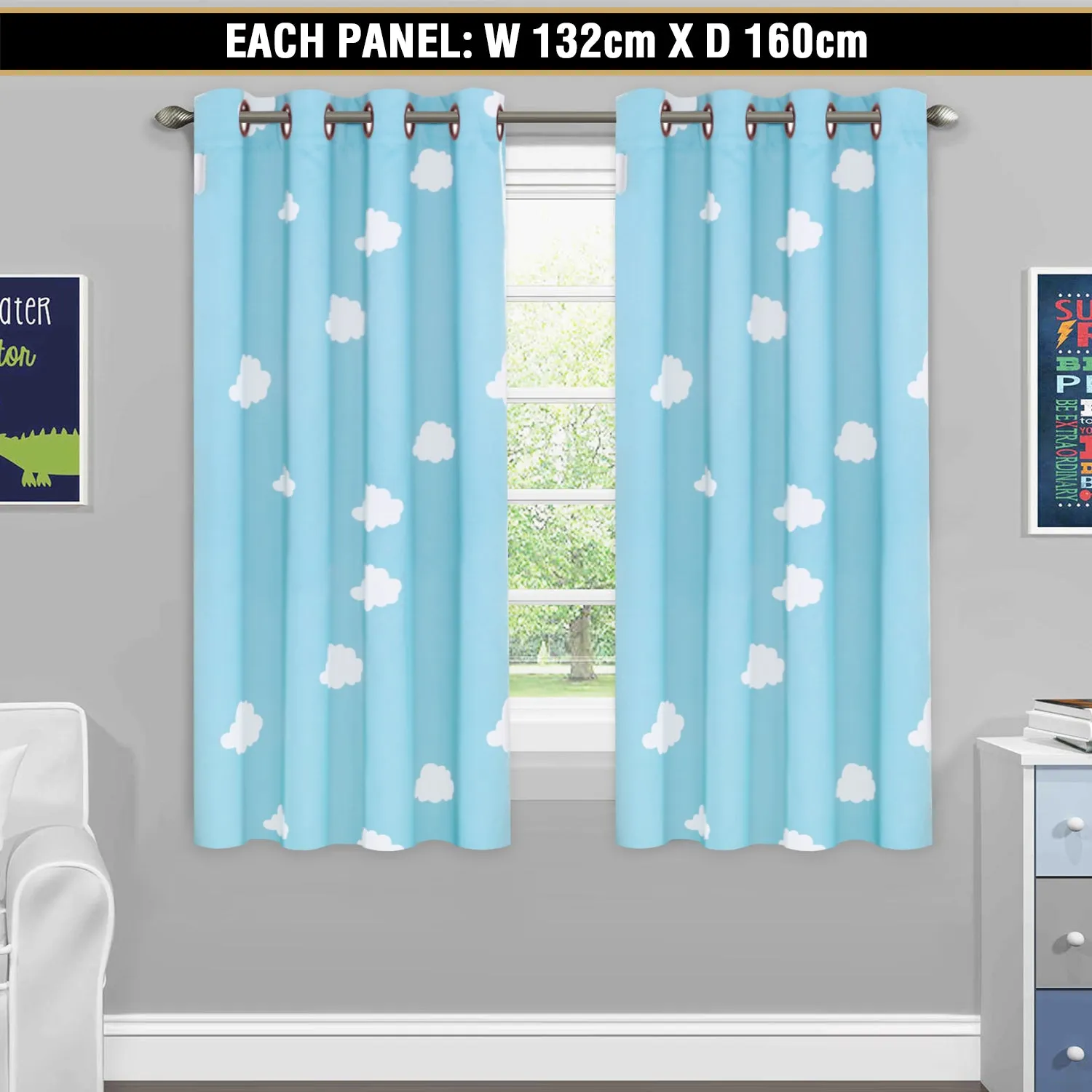1x Blackout Curtains for Kids Glitter Star Kids Curtains Blockout, Sold Single