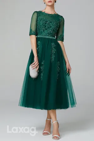 22514 - A-Line Round Half Sleeves Appliques Tulle Mother of the Bride Dress