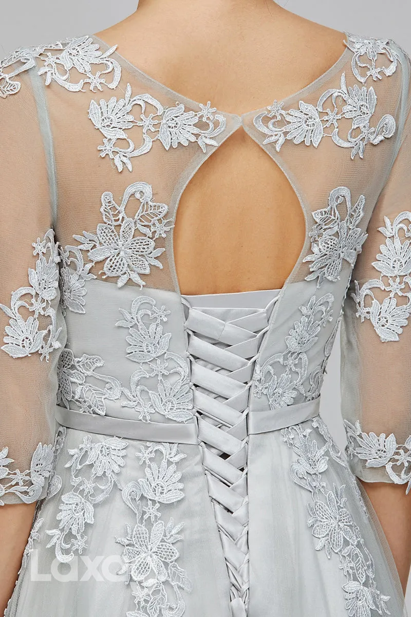 22516 - A-Line Round Half Sleeves Appliques Tulle Mother of the Bride Dress