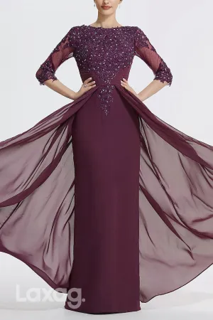 22521 - A-Line Round Quarter Sleeves Appliques Chiffon Mother of the Bride Dress