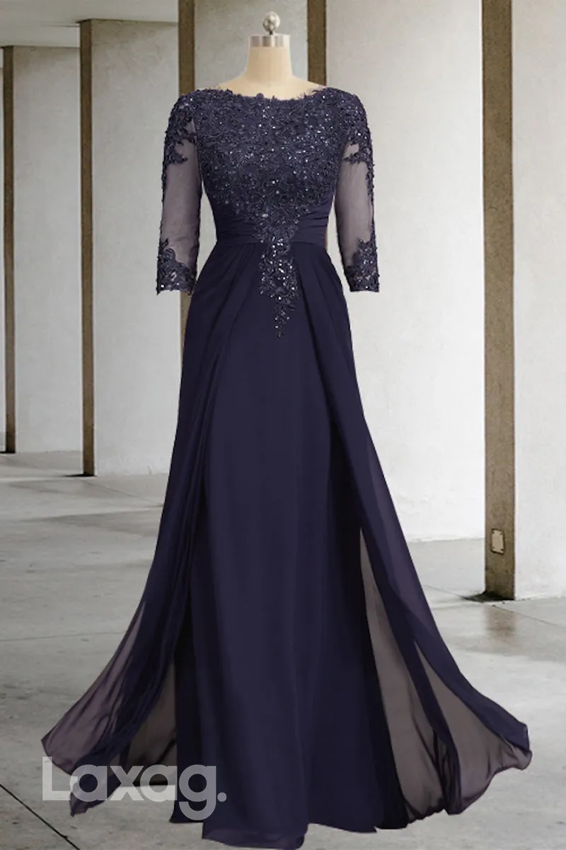22521 - A-Line Round Quarter Sleeves Appliques Chiffon Mother of the Bride Dress