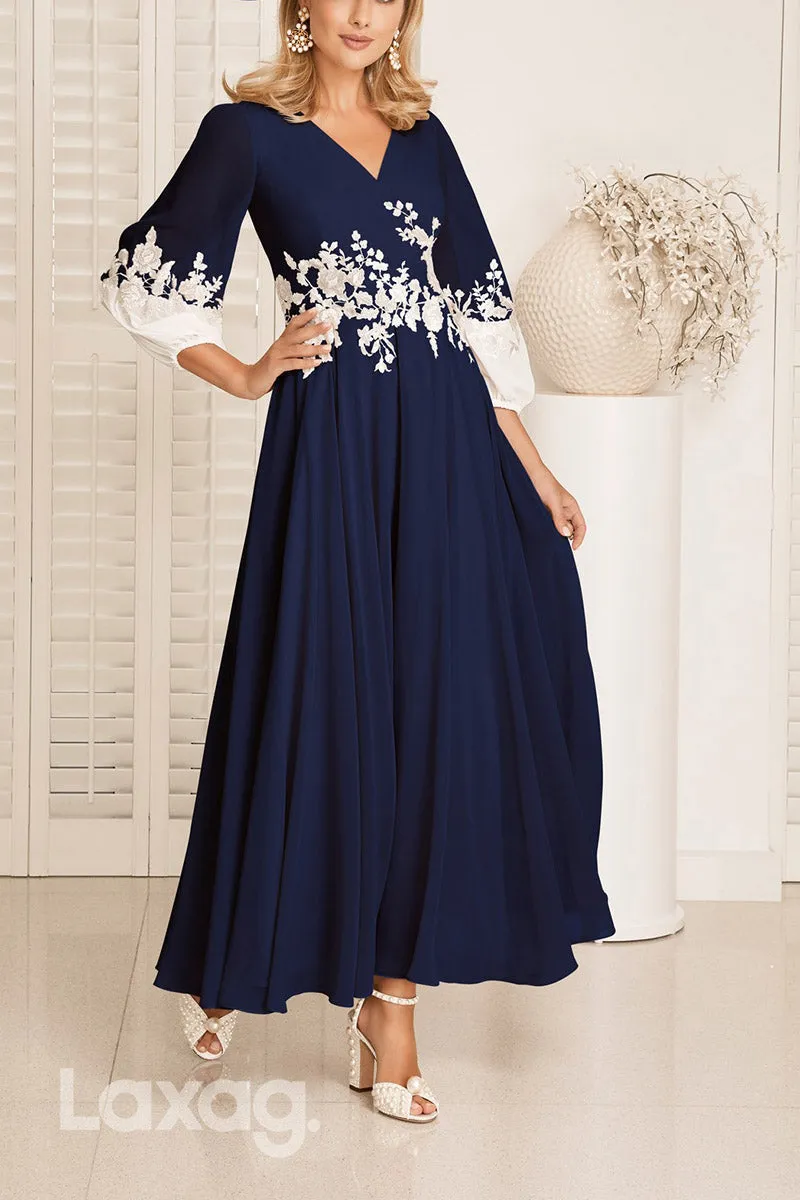 22840 - A-Line V-Neck Quarter Sleeves Appliques Elegant Mother of the Bride Dress