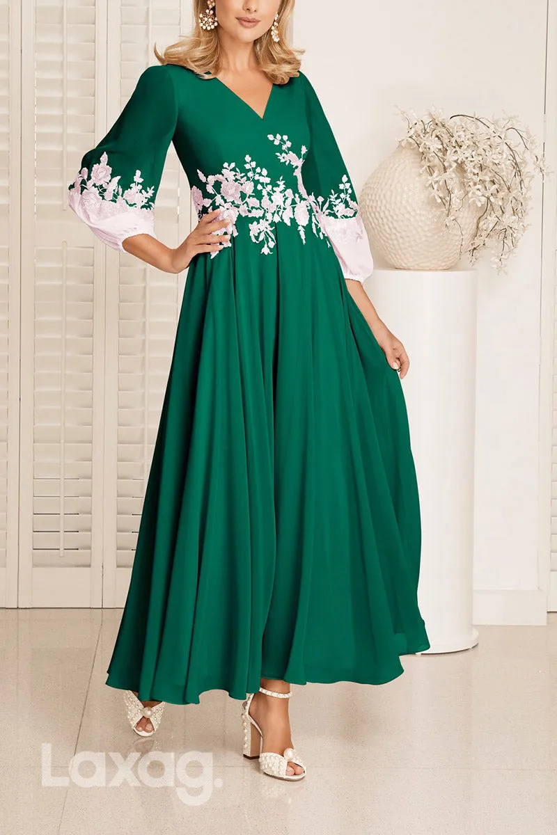 22840 - A-Line V-Neck Quarter Sleeves Appliques Elegant Mother of the Bride Dress