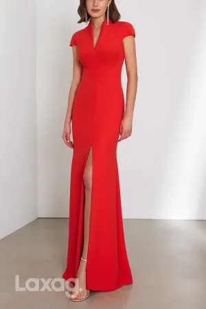22970 - V-Neck Short Sleeves Open Back Cocktail Party Formal Evening Dress with Slit