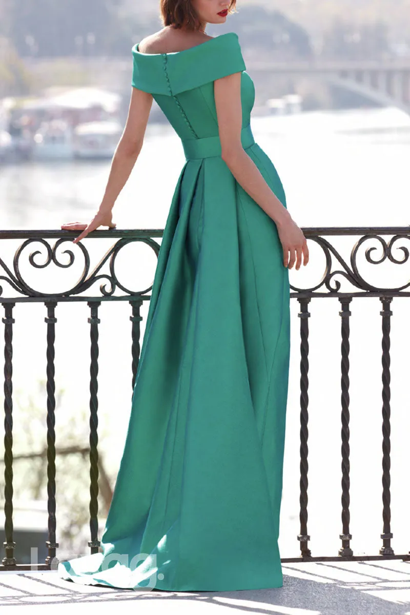 23081 - A-Line Off Shoulder Sleek Satin High Slit Cocktail Party Formal Evening Dress