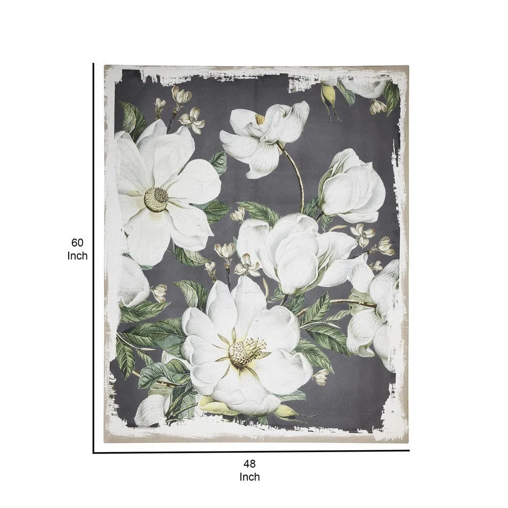 48 x 60 Wall Art Print, Floral Magnolia Blossoms, Linen Canvas, White, Gray By Casagear Home