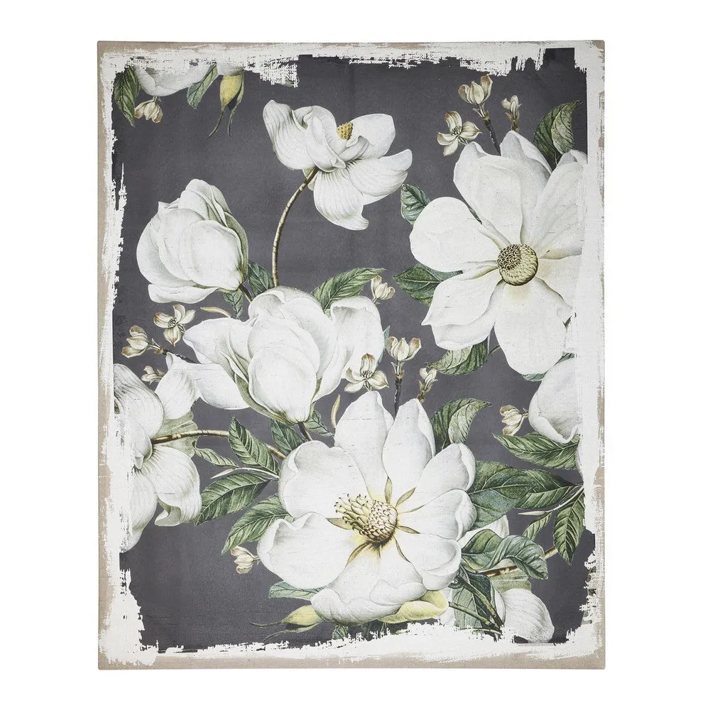 48 x 60 Wall Art Print, Floral Magnolia Blossoms, Linen Canvas, White, Gray By Casagear Home