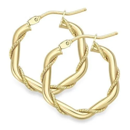 9ct Gold 15mm Rope Pattern Hoop Earrings