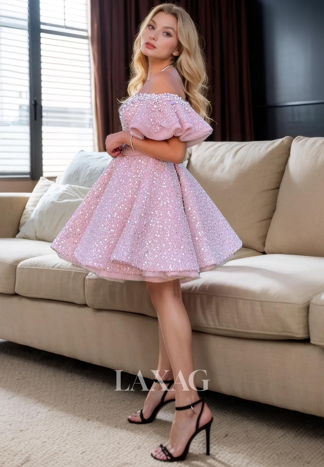A-Line Off Shoulder Tulle Pearls Sequins Elegant Party Homecoming Dress