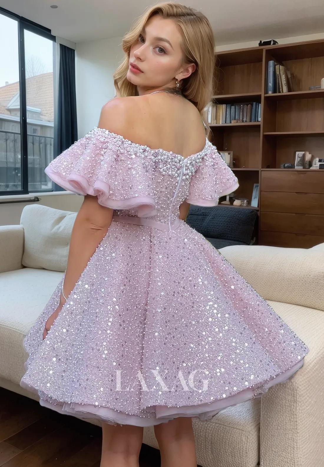 A-Line Off Shoulder Tulle Pearls Sequins Elegant Party Homecoming Dress