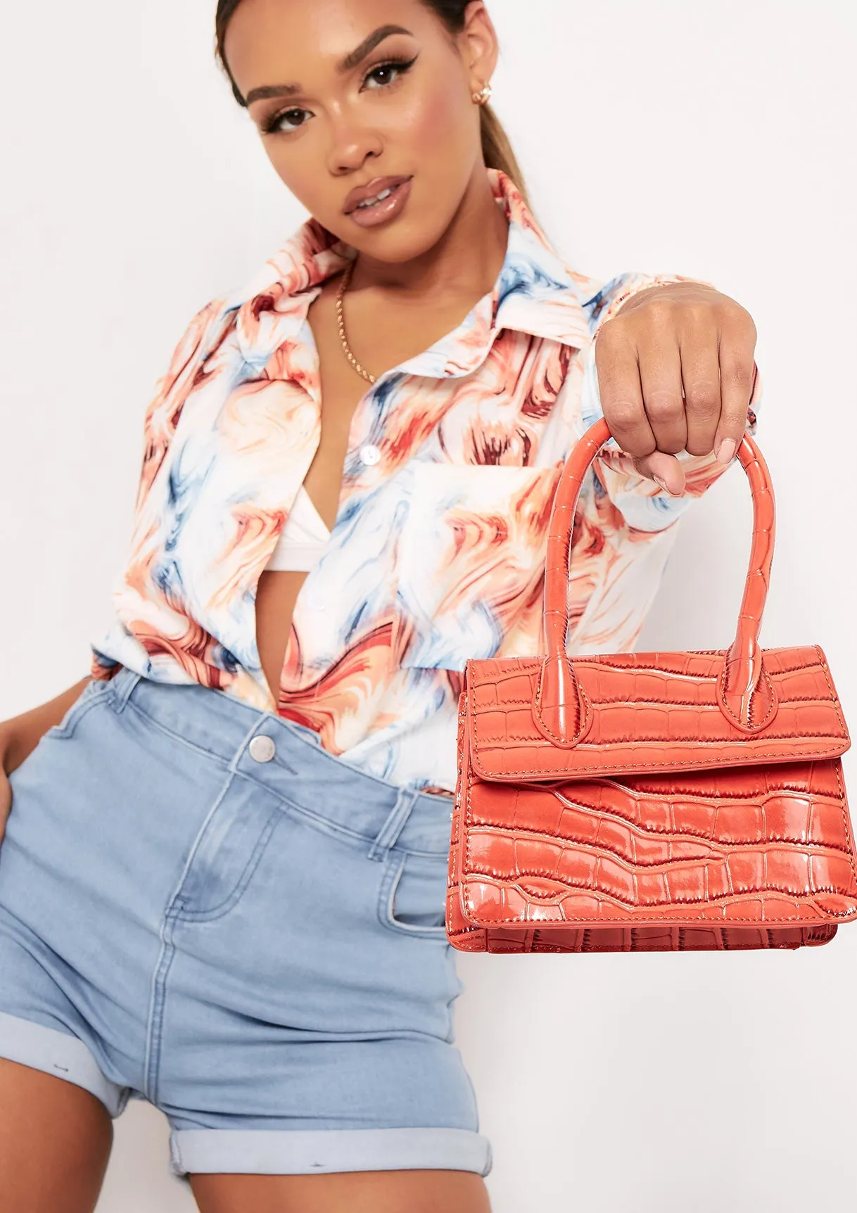 Abbie Orange Croc Print Vegan Leather Mini Bag