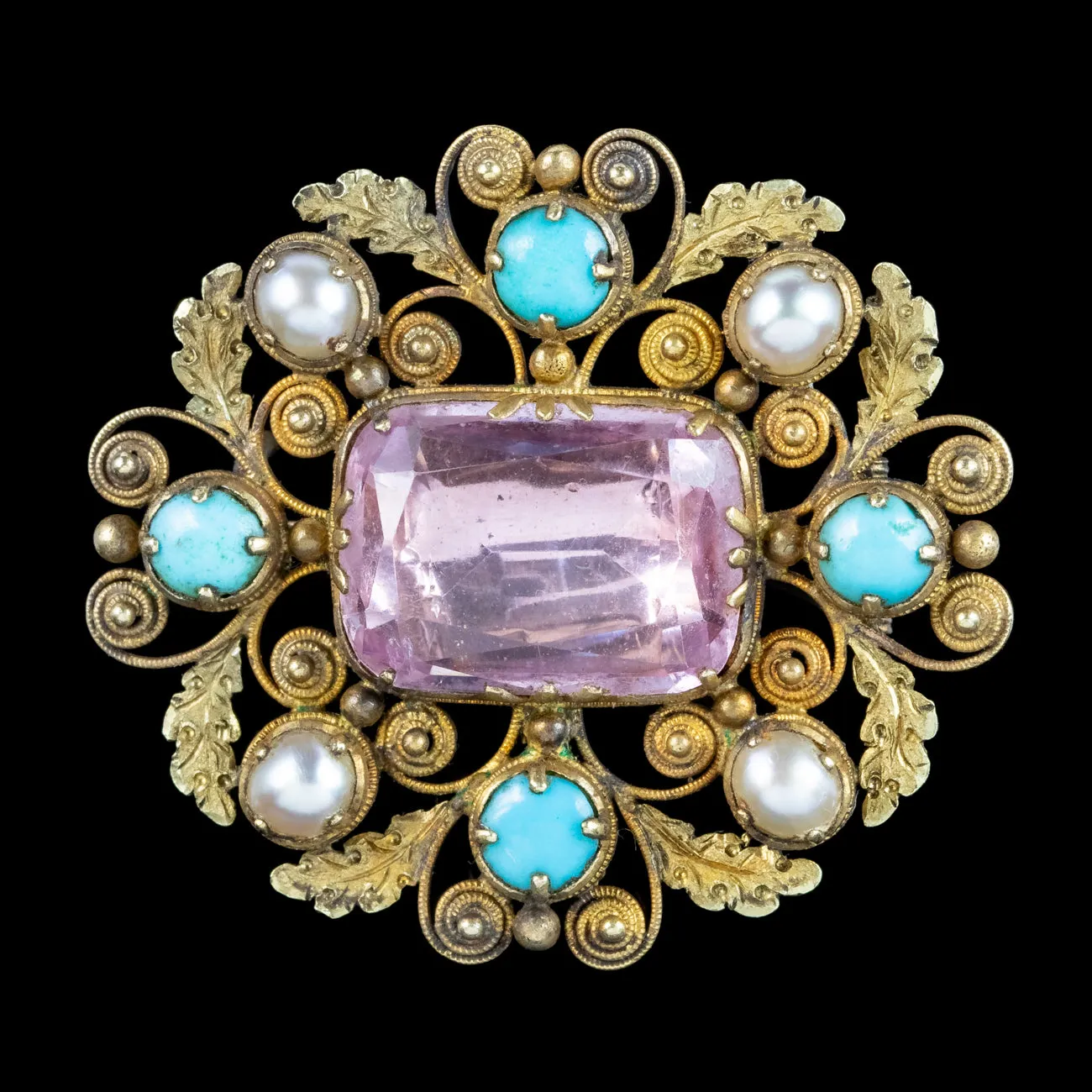 Antique Georgian Pink Topaz Turquoise Pearl Brooch 18ct Gold