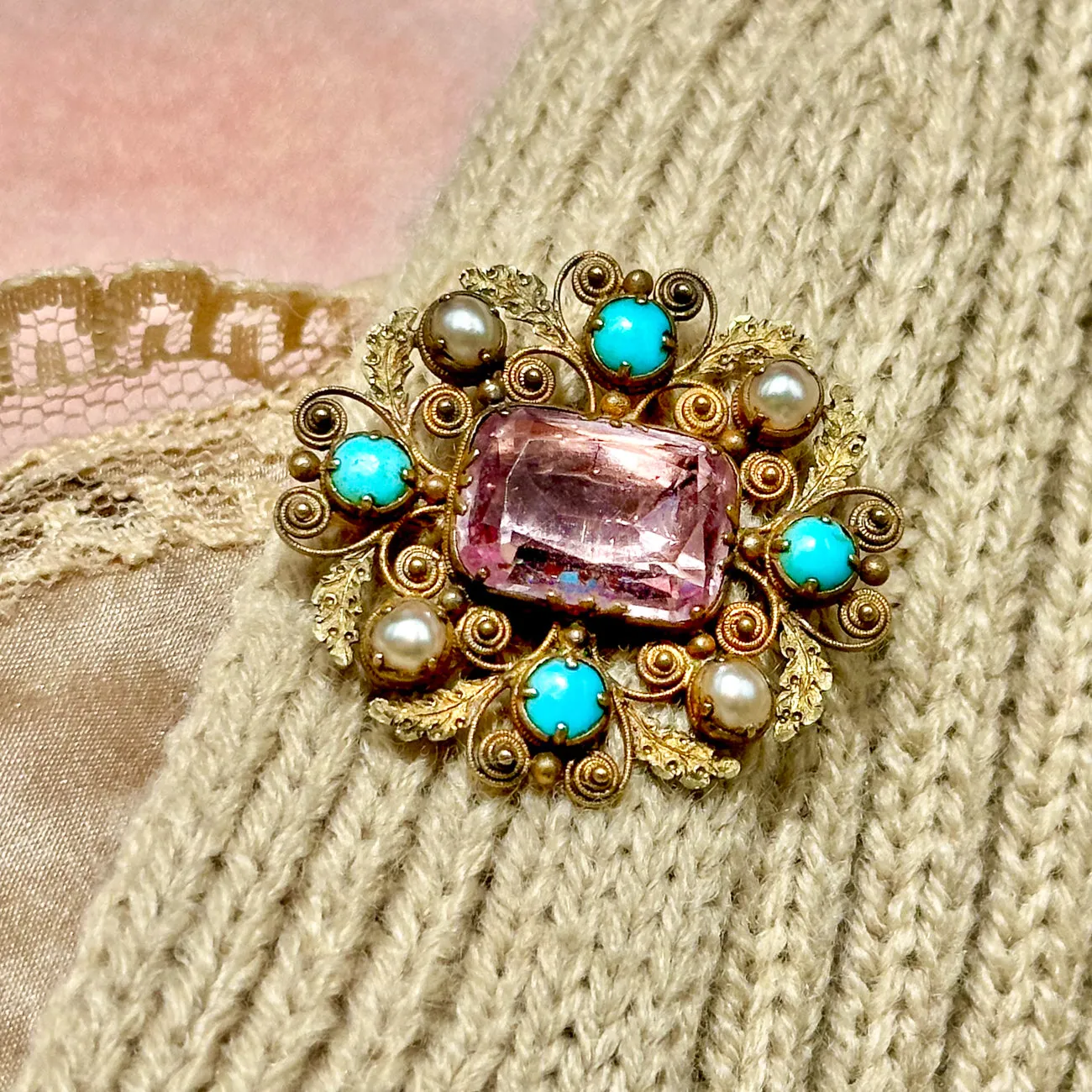 Antique Georgian Pink Topaz Turquoise Pearl Brooch 18ct Gold
