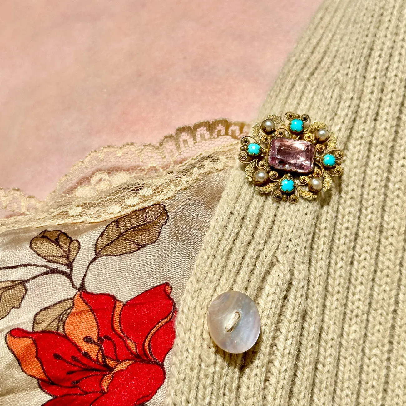 Antique Georgian Pink Topaz Turquoise Pearl Brooch 18ct Gold