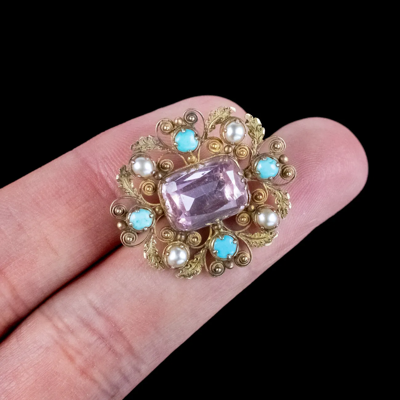 Antique Georgian Pink Topaz Turquoise Pearl Brooch 18ct Gold