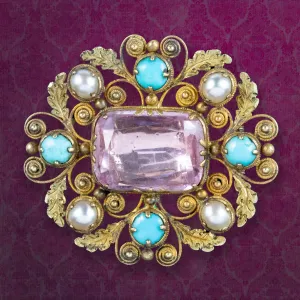 Antique Georgian Pink Topaz Turquoise Pearl Brooch 18ct Gold