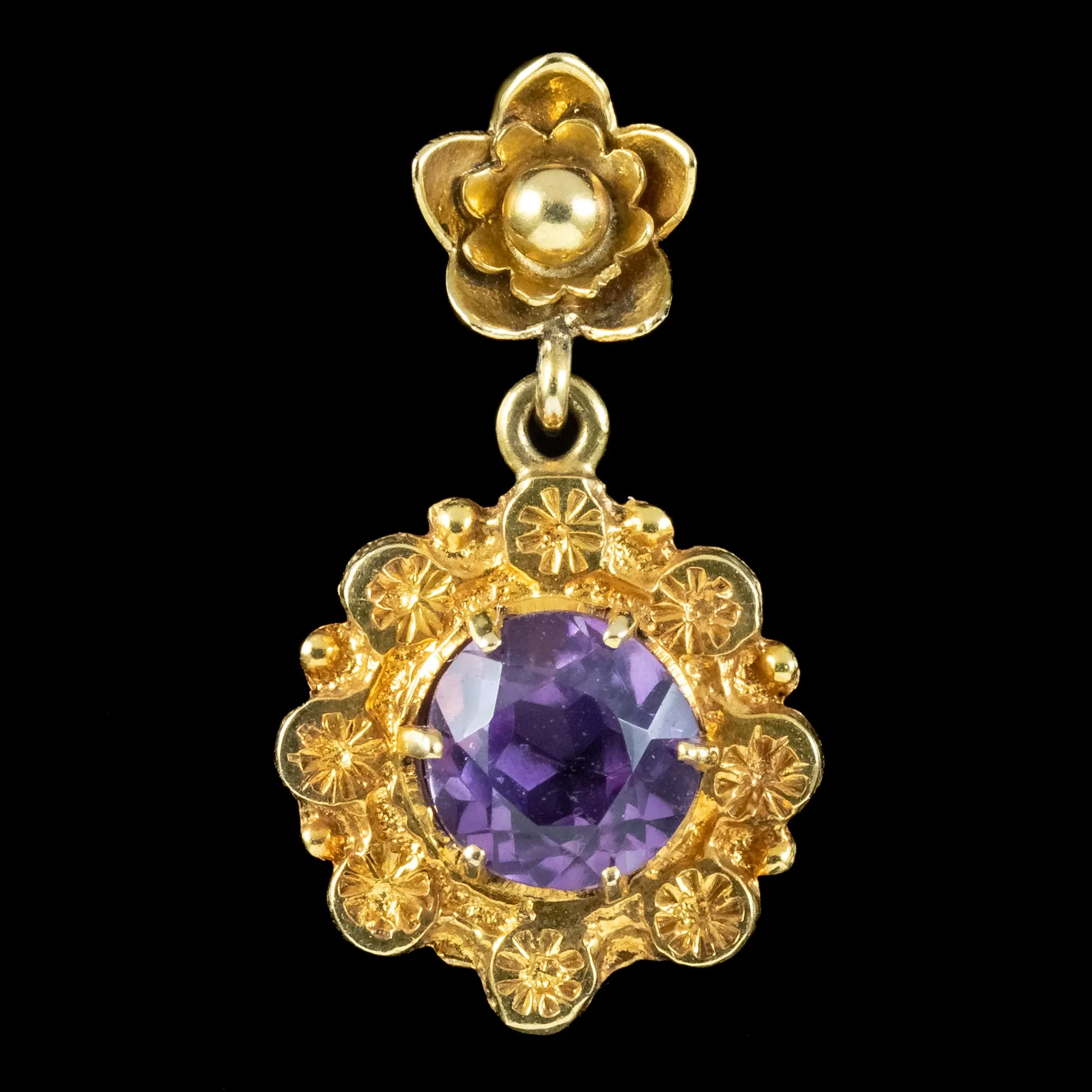 Antique Victorian Amethyst Flower Drop Earrings 9ct Gold
