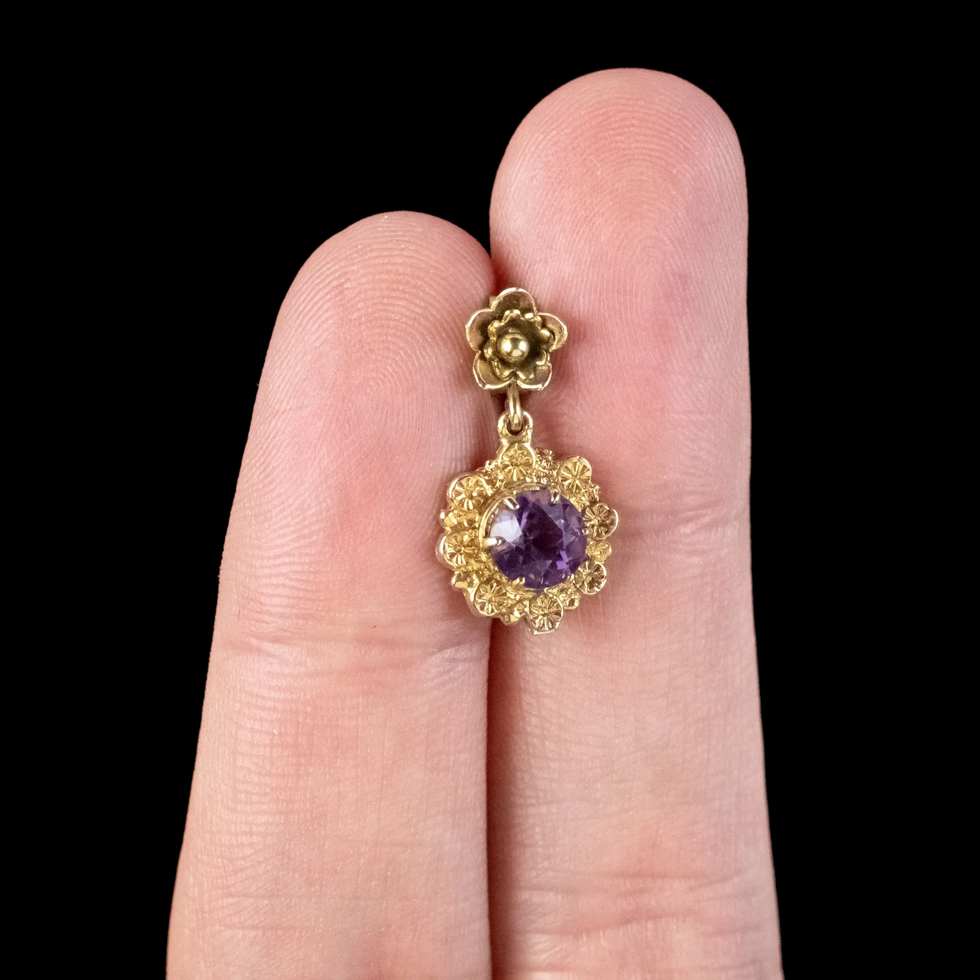 Antique Victorian Amethyst Flower Drop Earrings 9ct Gold