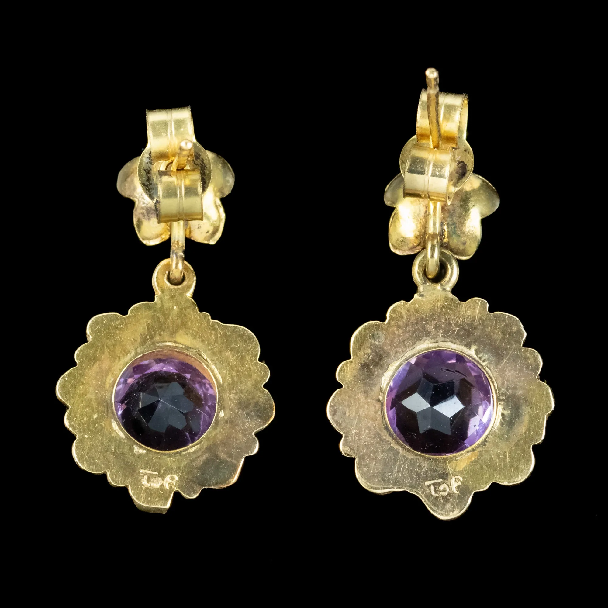 Antique Victorian Amethyst Flower Drop Earrings 9ct Gold