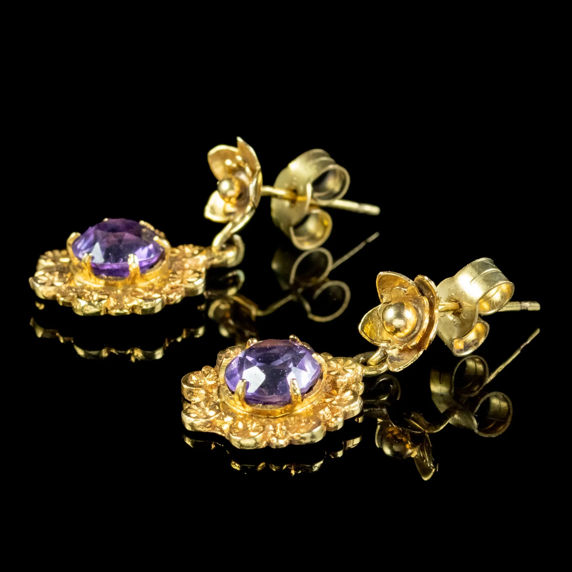 Antique Victorian Amethyst Flower Drop Earrings 9ct Gold