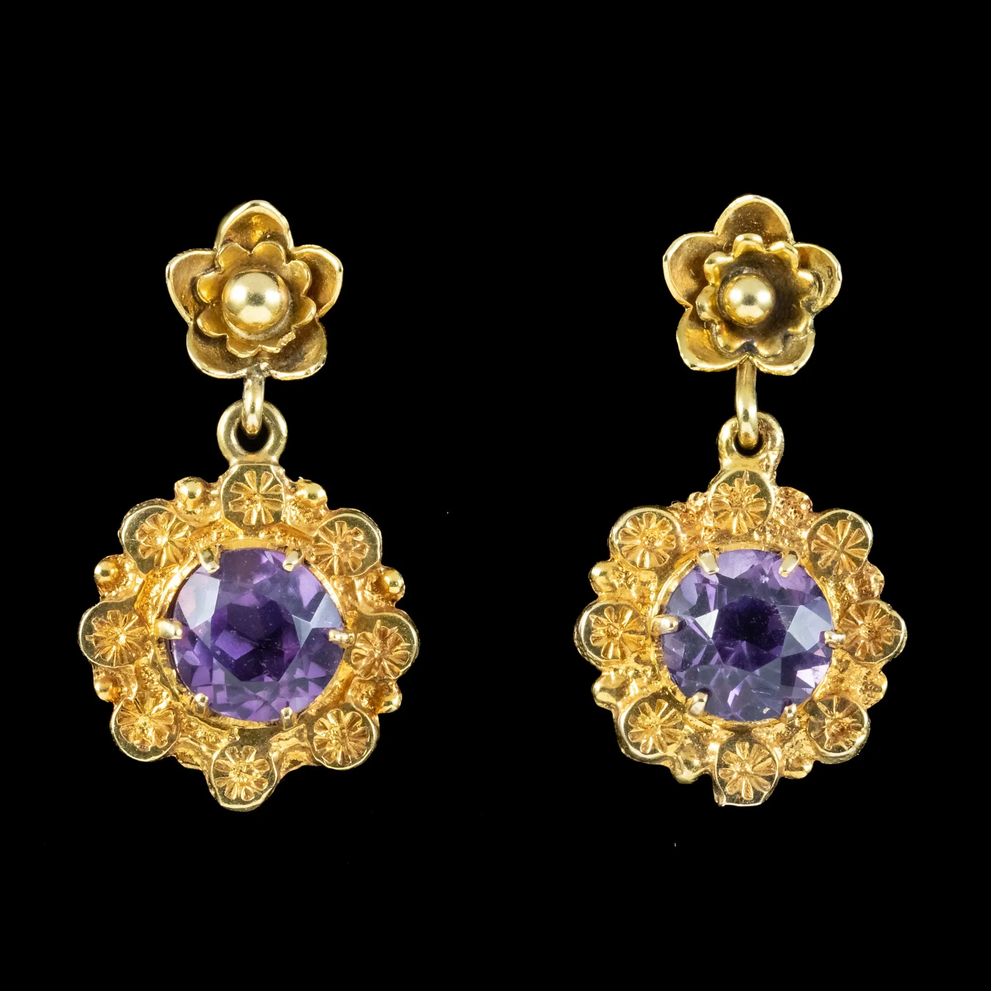 Antique Victorian Amethyst Flower Drop Earrings 9ct Gold