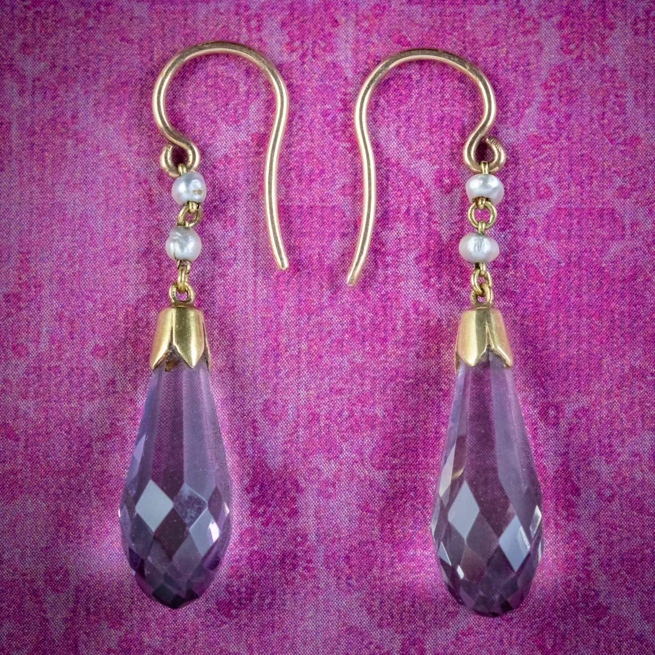 Antique Victorian Amethyst Pearl Drop Earrings 15ct Gold Circa 1900