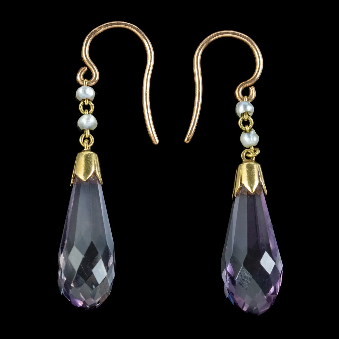 Antique Victorian Amethyst Pearl Drop Earrings 15ct Gold Circa 1900