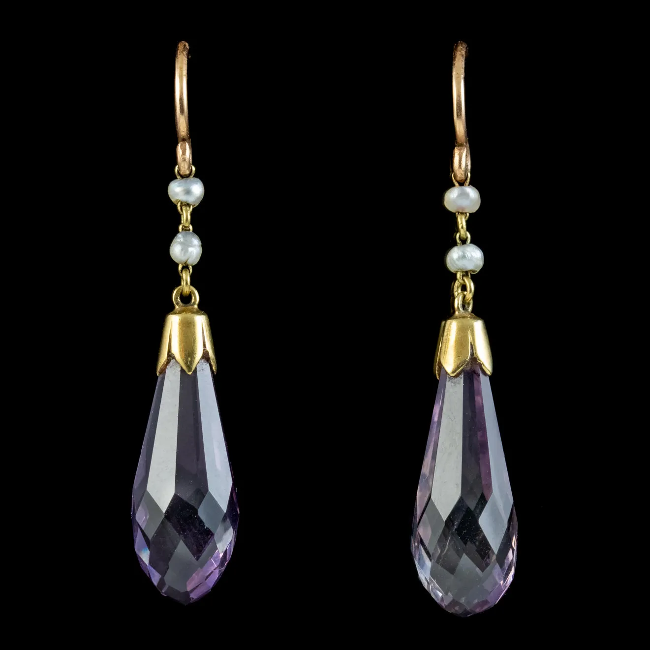 Antique Victorian Amethyst Pearl Drop Earrings 15ct Gold Circa 1900