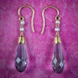 Antique Victorian Amethyst Pearl Drop Earrings 15ct Gold Circa 1900
