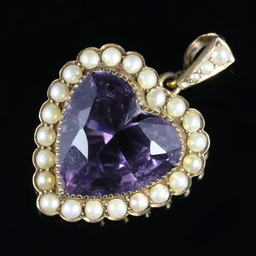 Antique Victorian Amethyst Pearl Heart Pendant 9Ct Gold Circa 1880