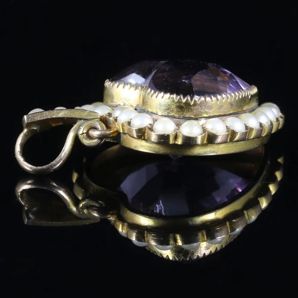 Antique Victorian Amethyst Pearl Heart Pendant 9Ct Gold Circa 1880