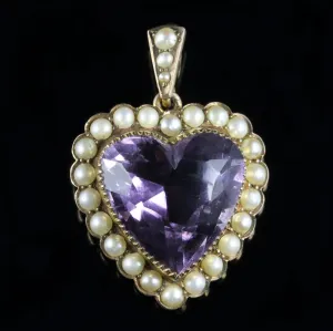 Antique Victorian Amethyst Pearl Heart Pendant 9Ct Gold Circa 1880