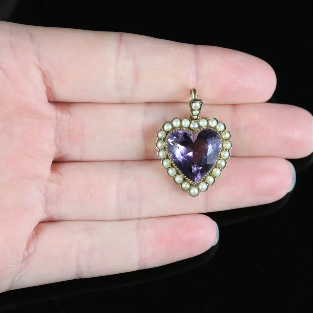 Antique Victorian Amethyst Pearl Heart Pendant 9Ct Gold Circa 1880