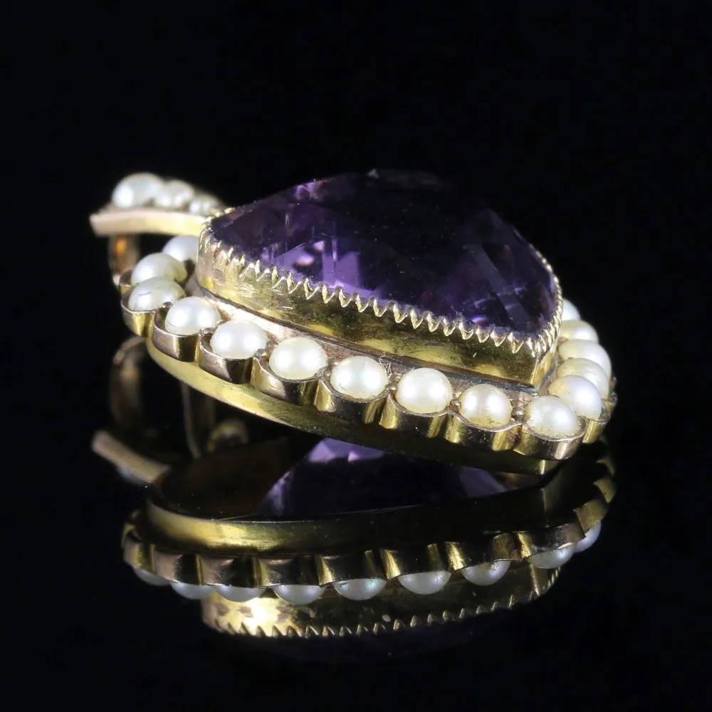 Antique Victorian Amethyst Pearl Heart Pendant 9Ct Gold Circa 1880