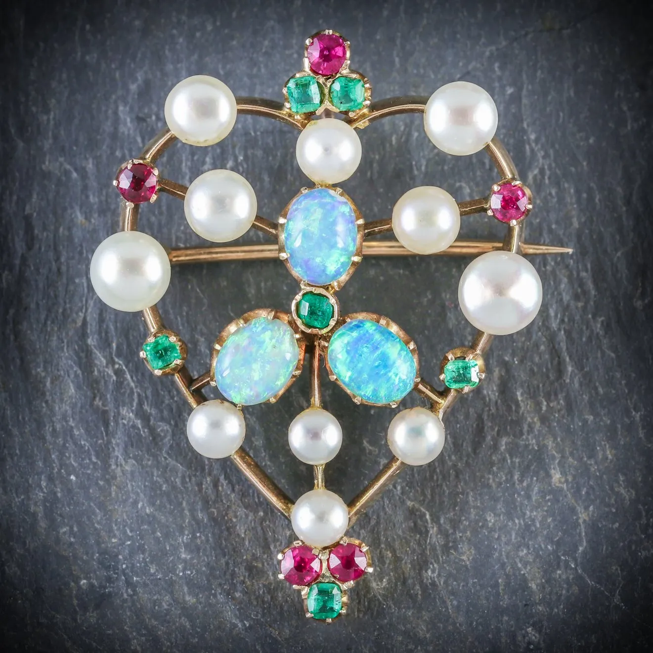 Antique Victorian Brooch Emerald Ruby Pearl Opal 18Ct Gold Circa 1900
