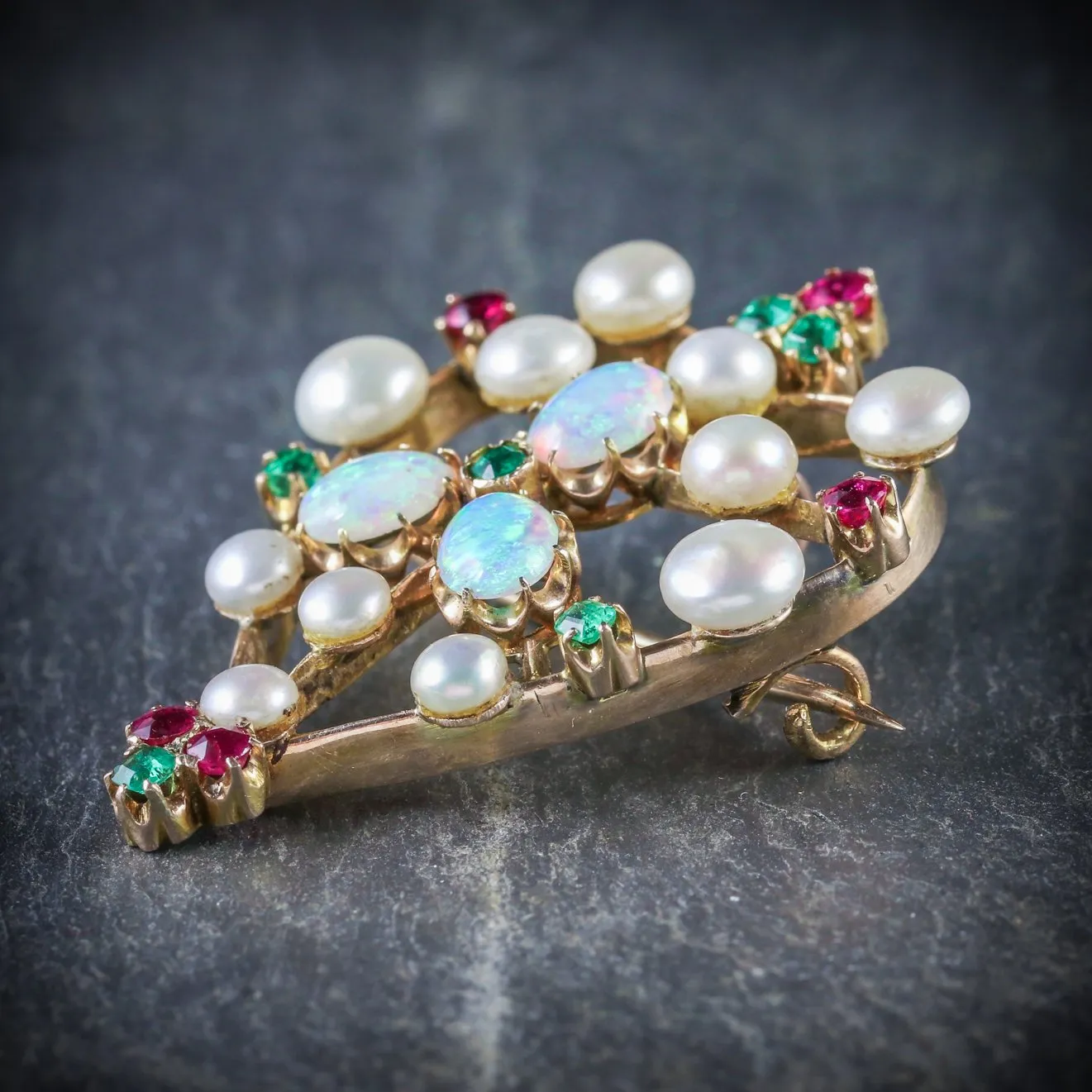 Antique Victorian Brooch Emerald Ruby Pearl Opal 18Ct Gold Circa 1900