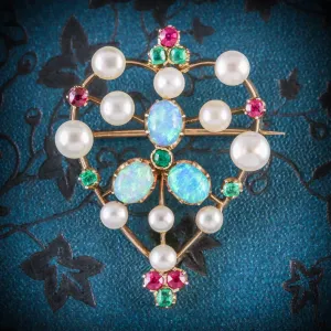 Antique Victorian Brooch Emerald Ruby Pearl Opal 18Ct Gold Circa 1900