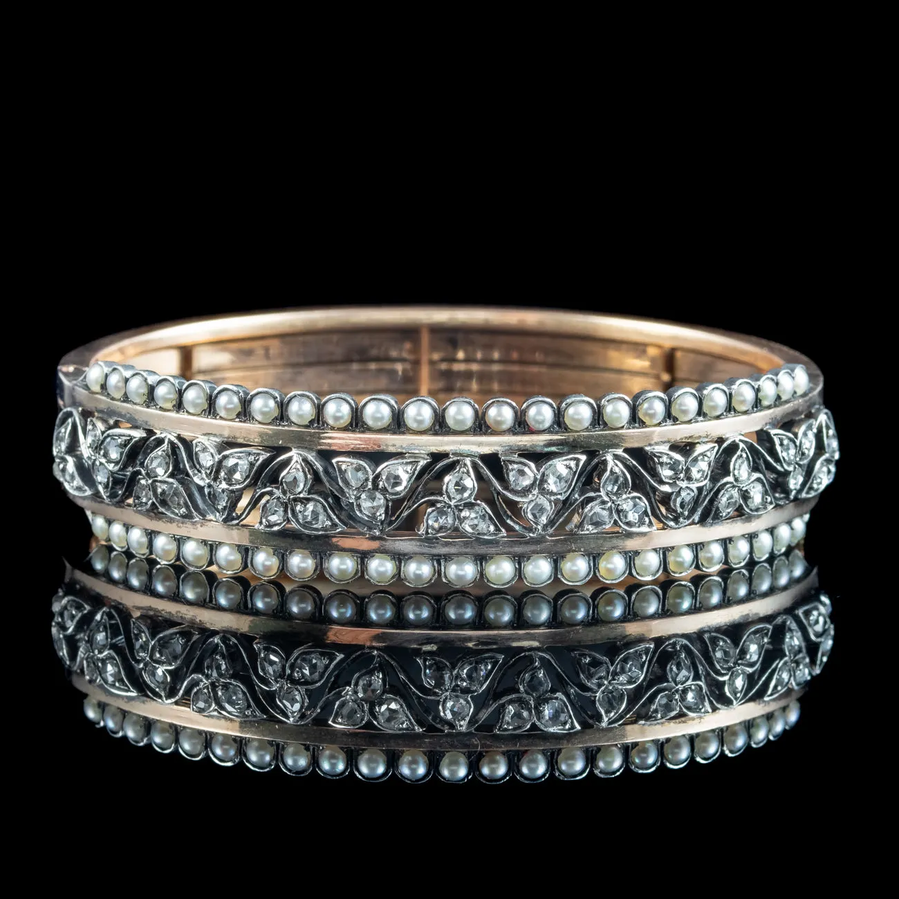 Antique Victorian French Diamond Pearl Ivy Bangle 18ct Gold