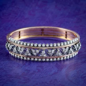 Antique Victorian French Diamond Pearl Ivy Bangle 18ct Gold