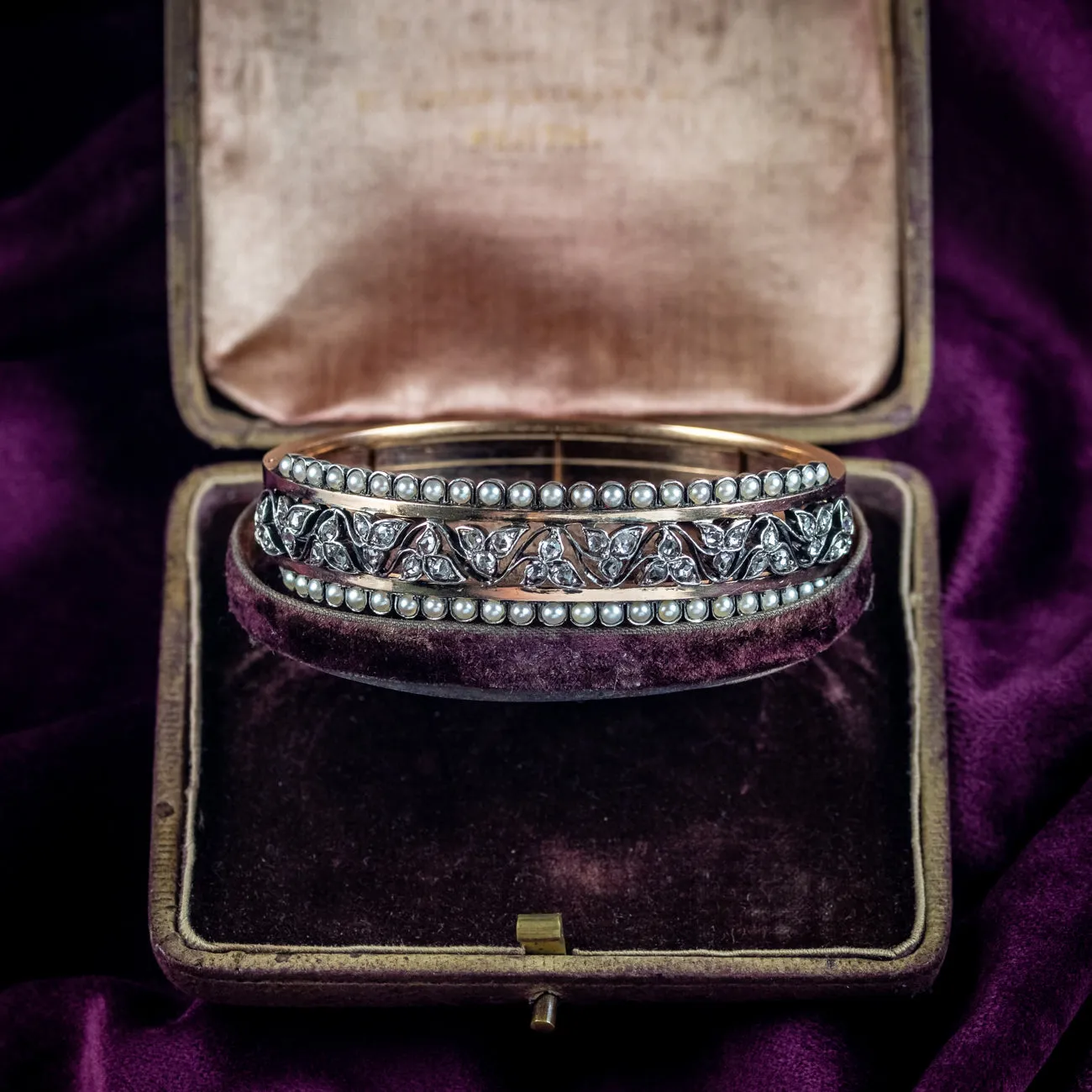 Antique Victorian French Diamond Pearl Ivy Bangle 18ct Gold