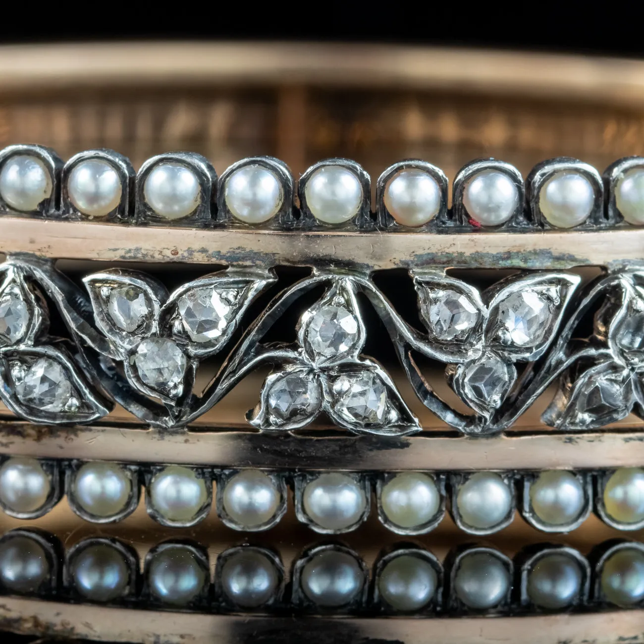 Antique Victorian French Diamond Pearl Ivy Bangle 18ct Gold