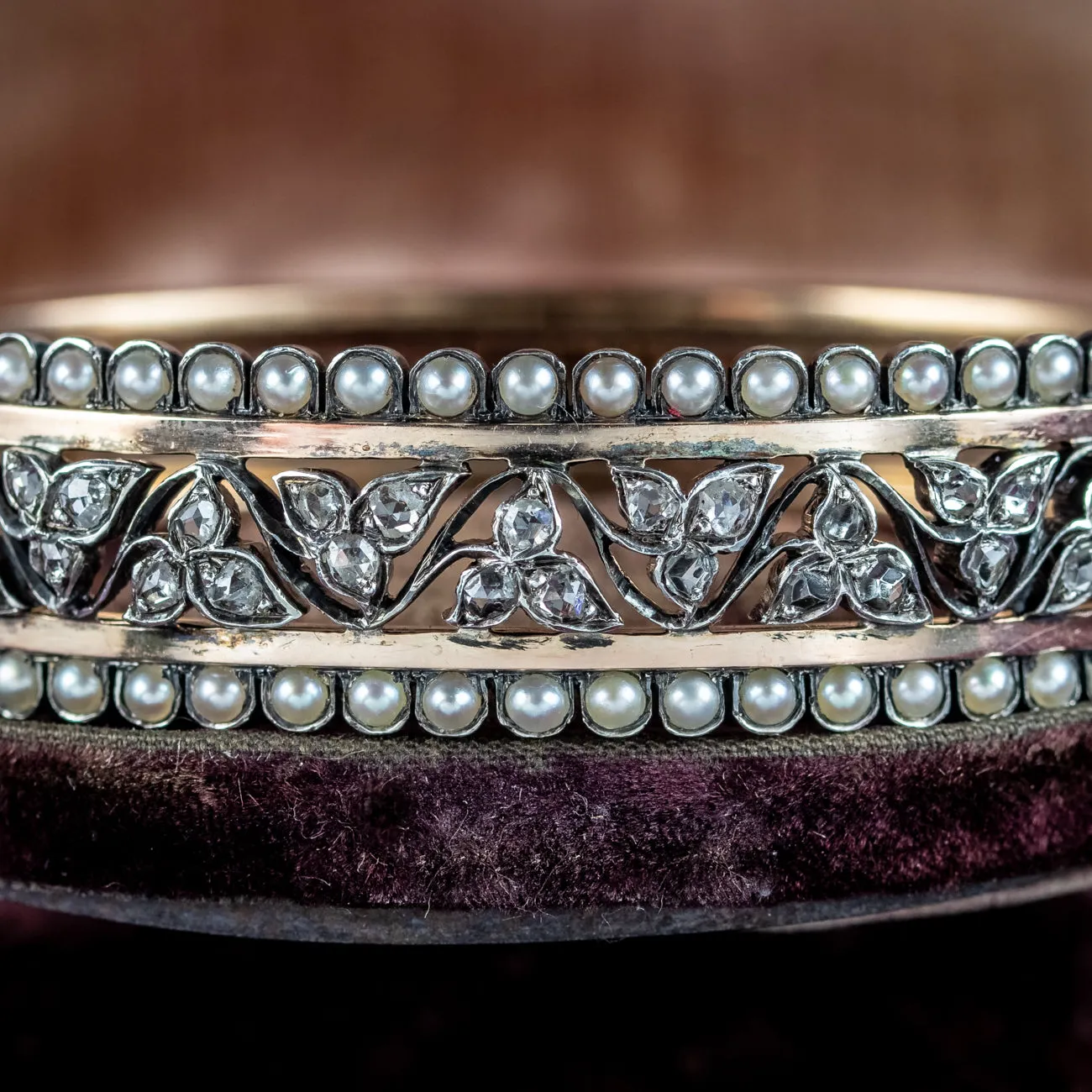 Antique Victorian French Diamond Pearl Ivy Bangle 18ct Gold