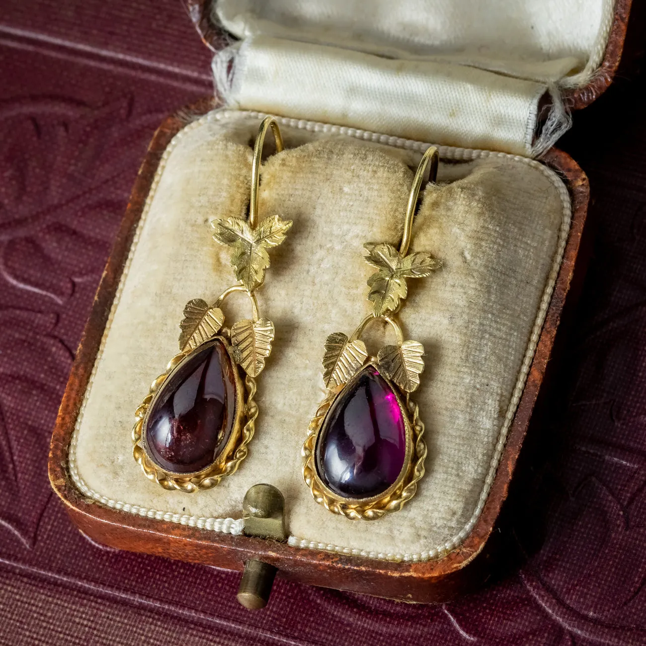 Antique Victorian Garnet Drop Earrings 15ct Gold 3.7ct Garnets